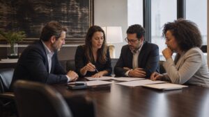 Sócios e advogada discutem um acordo de sócios em reunião de governança
