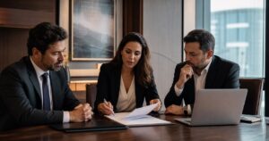 Advogada empresarial e executivos analisam um contrato em reunião estratégica