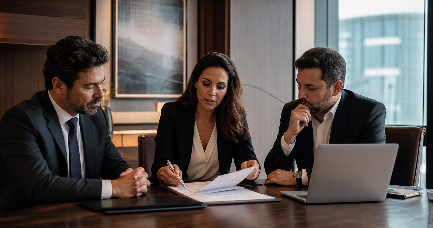 Advogada empresarial e executivos analisam um contrato em reunião estratégica