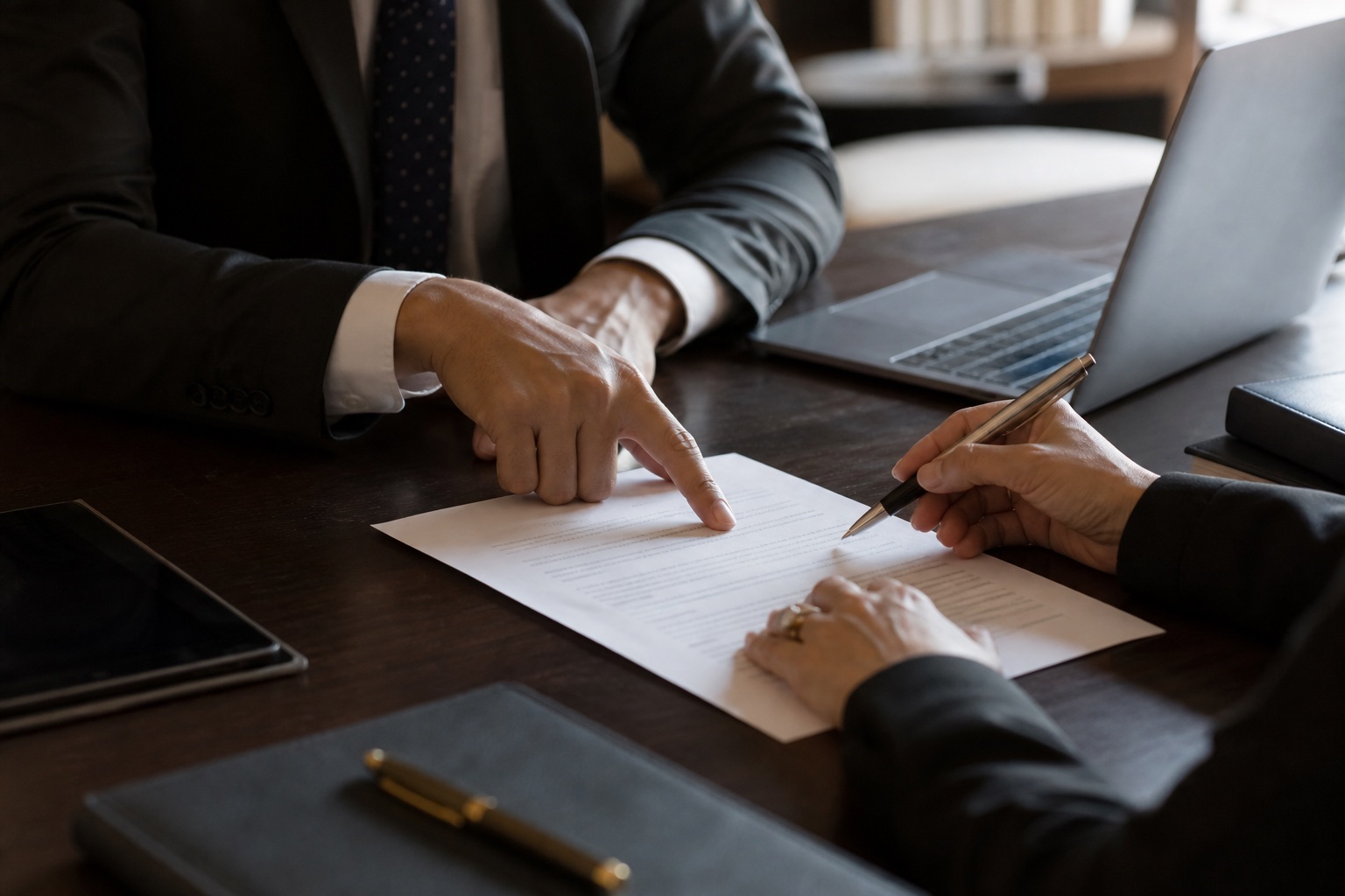 Profissionais revisam cláusulas de um contrato empresarial antes da assinatura